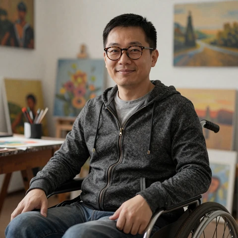 Theo, a jazz drummer with ataxic cerebral palsy in Portland, smiling in a cozy cafe