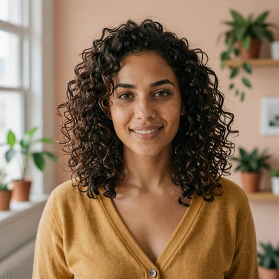 Maya, a graphic designer with ADHD in Austin, smiling in her plant-filled apartment