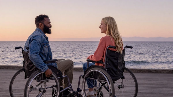 Two wheelchair users on a sunset boardwalk date