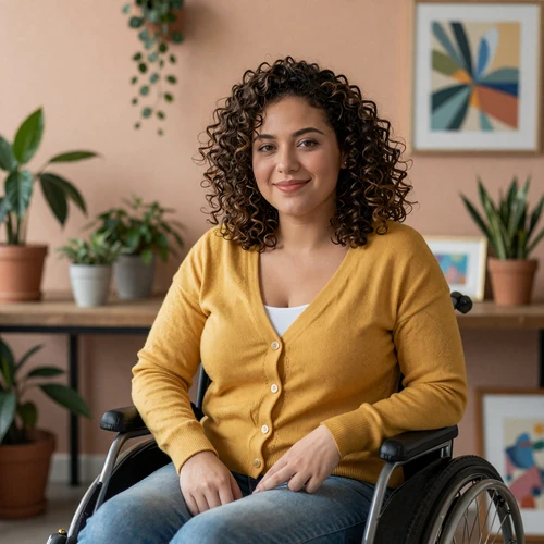 Maya, a wheelchair user and illustrator, smiling in her sunny home studio