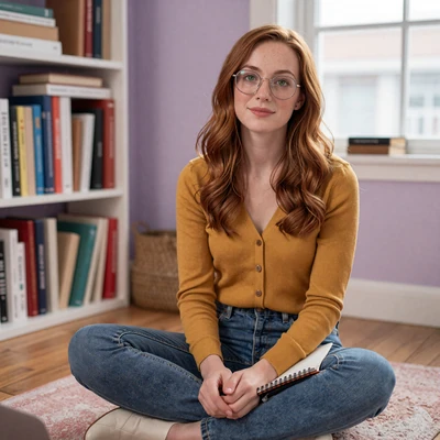 Sadie, an illustrator with cyclothymia and ADHD in Minneapolis, sketching in her book-filled apartment