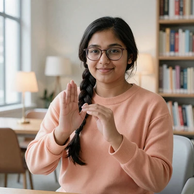 Rina, a DeafBlind climber and reader in a Seattle library