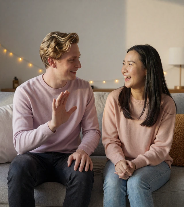 Hearing and Deaf couple signing on a sofa, cozy evening lifestyle shot for deaf singles community