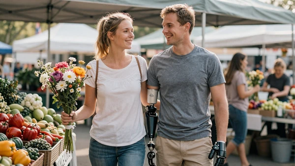 Amputee couple smiling together at a weekend farmers market